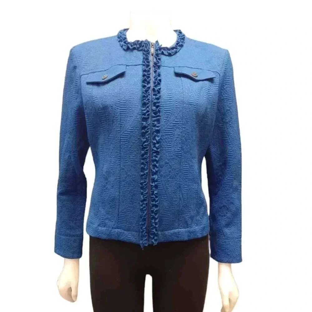 Ruby Rd. Blue Textured Ruffles Zip Up jacket Size 8